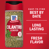 A jar of McCormick Cilantro Leaves with a red background that says Easy-to-find Best By Date, Long Lasting Fresh Flavor.