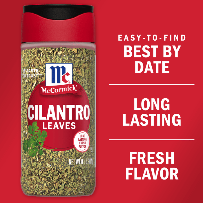 A jar of McCormick Cilantro Leaves with a red background that says Easy-to-find Best By Date, Long Lasting Fresh Flavor.