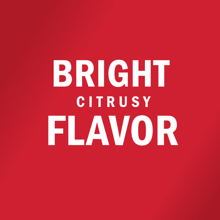 White text on a red background reads BRIGHT CITRUSY FLAVOR