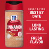 A container of McCormick Cinnamon Sugar with a red background that says Easy-to-find Best By Date, Long Lasting Fresh Flavor.