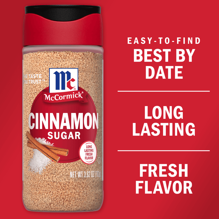 A container of McCormick Cinnamon Sugar with a red background that says Easy-to-find Best By Date, Long Lasting Fresh Flavor.