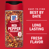 A bottle of McCormick Red Pepper Crushed with a red background and text that says Easy-to-find Best By Date, Long Lasting Fresh Flavor.
