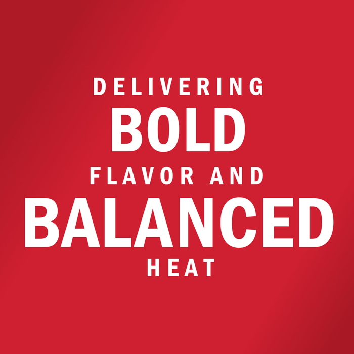 White text on a red background reads Delivering Bold Flavor and Balanced Heat.