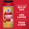 A container of McCormick Curry Powder with a red background that says Easy-to-find Best By Date, Long Lasting Fresh Flavor.