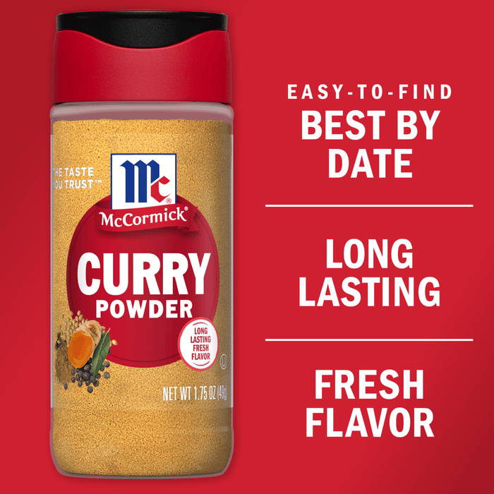 A container of McCormick Curry Powder with a red background that says Easy-to-find Best By Date, Long Lasting Fresh Flavor.
