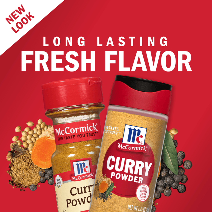 Two McCormick curry powder containers, one with a red lid and one with a black lid, are shown with spices around them.