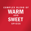 White text on a red background reads Complex blend of warm and sweet spices.