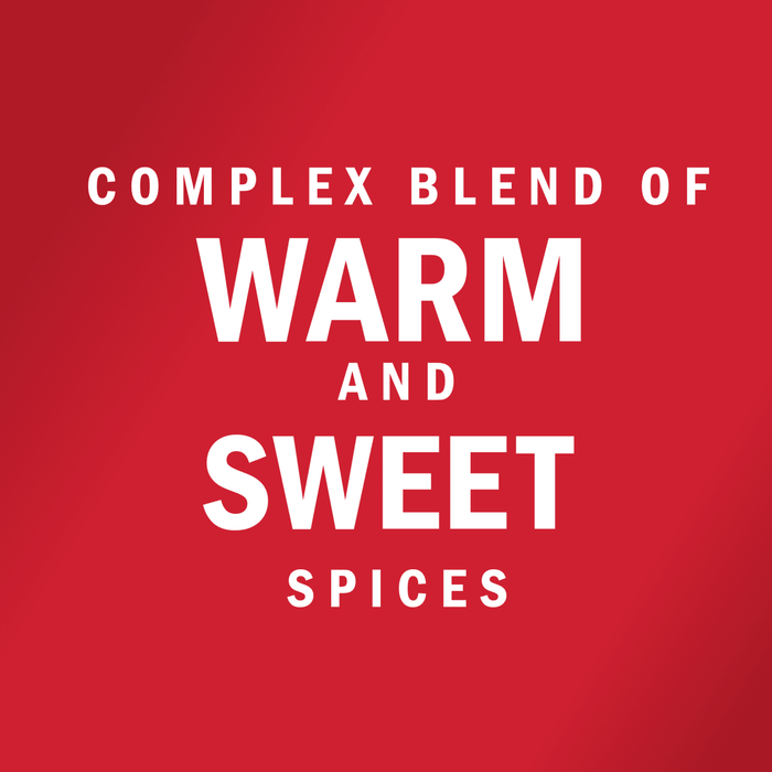 White text on a red background reads Complex blend of warm and sweet spices.