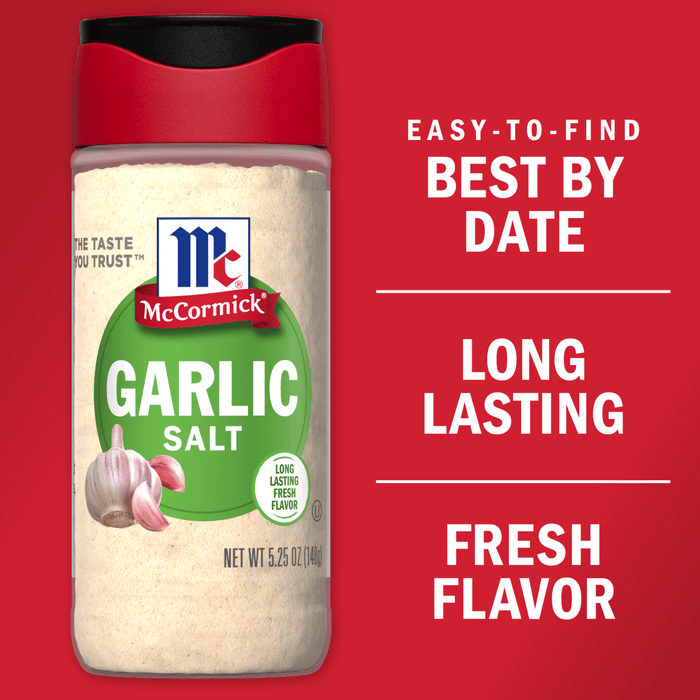 A container of McCormick Garlic Salt with a red lid and a white label.