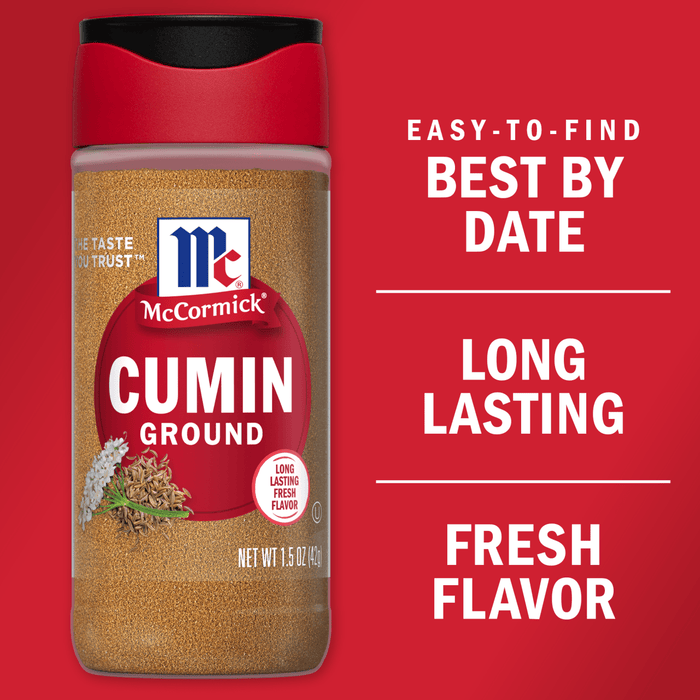 A McCormick Cumin Ground spice jar with a red lid and a red background with the words Easy-to-find Best By Date and Long Lasting Fresh Flavor on it.