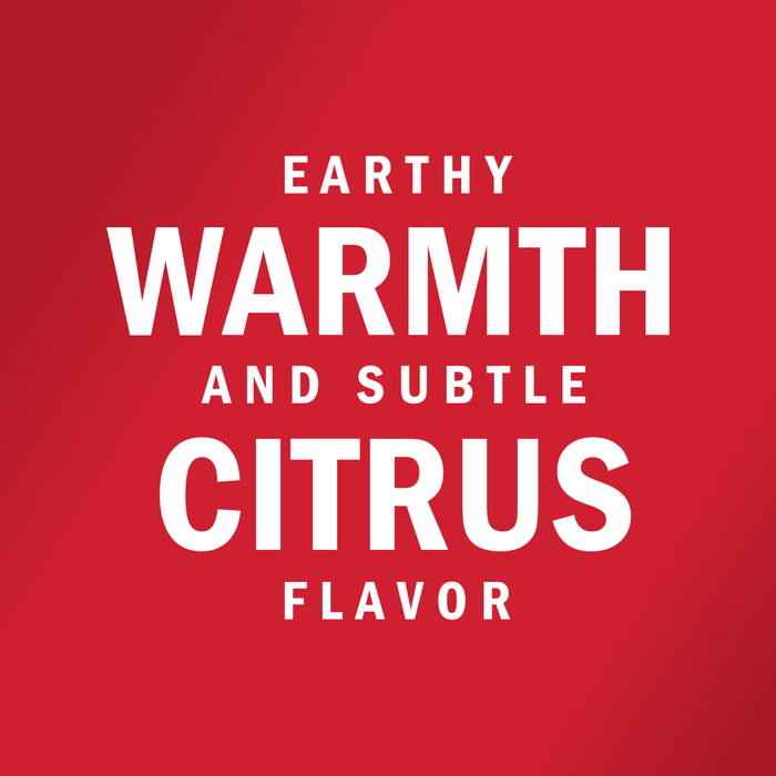 White text on a red background reads Earthy warmth and subtle citrus flavor.