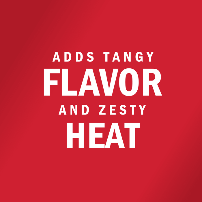 White text on a red background reads Adds tangy flavor and zesty heat.