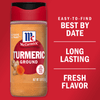 A container of McCormick Ground Turmeric with a red lid and a white label with the McCormick logo and the words Long Lasting Fresh Flavor on it.