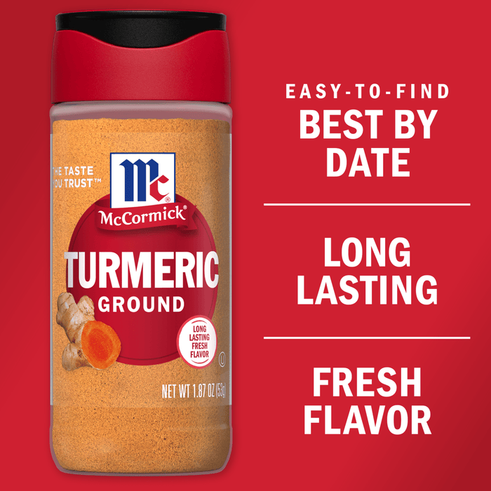 A container of McCormick Ground Turmeric with a red lid and a white label with the McCormick logo and the words Long Lasting Fresh Flavor on it.