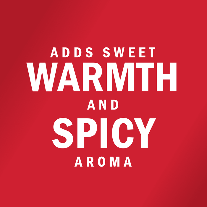 White text on a red background reads Adds sweet warmth and spicy aroma.