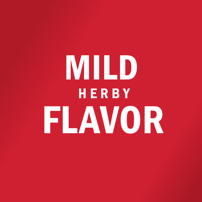 White text on a red background reads Mild Herby Flavor