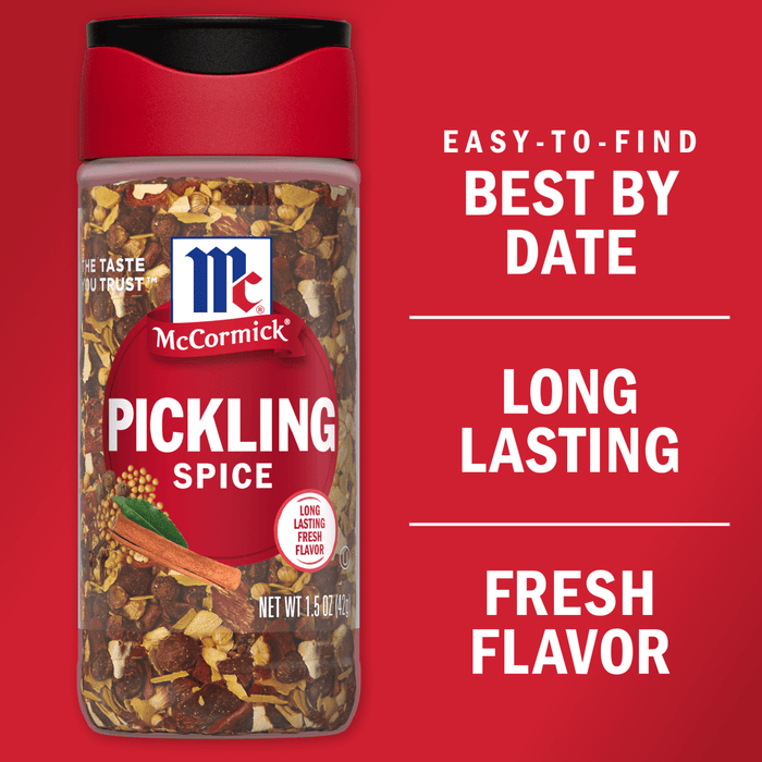 A jar of McCormick Pickling Spice with a red background that says Easy-to-find Best By Date, Long Lasting Fresh Flavor.