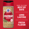 A container of McCormick Rosemary Leaves with a red background and text that says Easy-to-find Best By Date, Long Lasting Fresh Flavor.