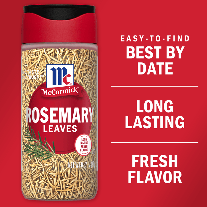 A container of McCormick Rosemary Leaves with a red background and text that says Easy-to-find Best By Date, Long Lasting Fresh Flavor.