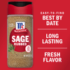 A container of McCormick Sage Rubbed seasoning with a red background that says Easy-to-find, Best By Date, Long Lasting, Fresh Flavor.