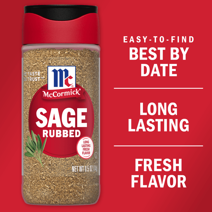A container of McCormick Sage Rubbed seasoning with a red background that says Easy-to-find, Best By Date, Long Lasting, Fresh Flavor.