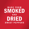 White text on a red background reads Made from Smoked and Dried Sweet Peppers.