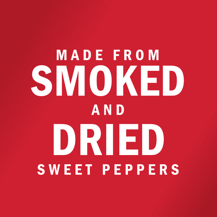 White text on a red background reads Made from Smoked and Dried Sweet Peppers.