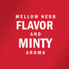 White text on a red background reads MELLOW HERB FLAVOR AND MINTY AROMA