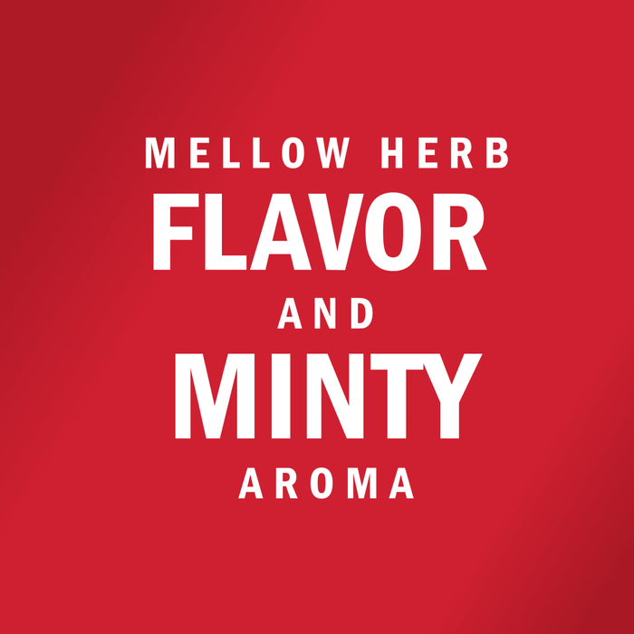 White text on a red background reads MELLOW HERB FLAVOR AND MINTY AROMA