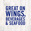Text on a wood background that reads Great on wings, beverages &amp; seafood.