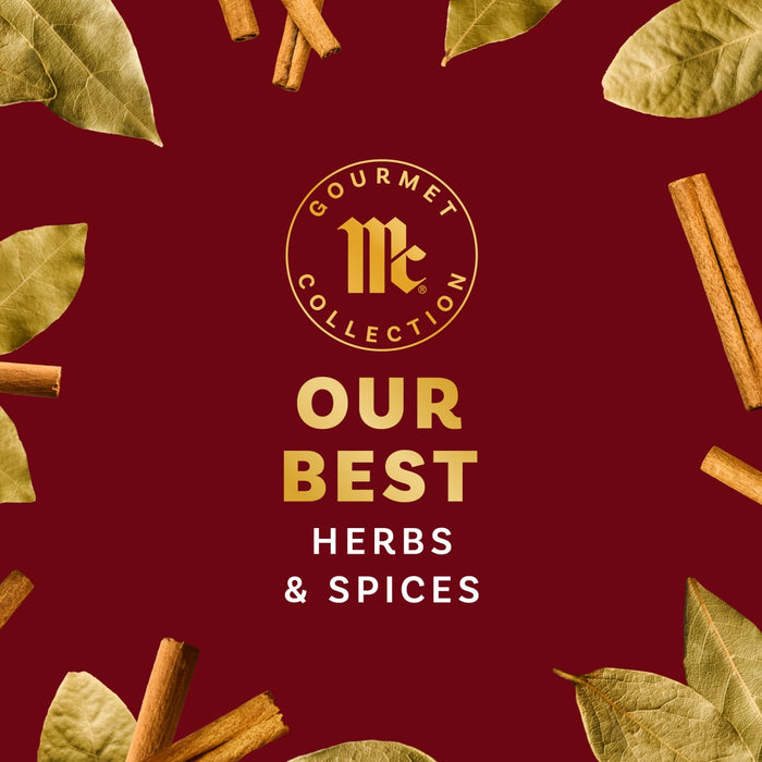 The Gourmet Collection logo is displayed with the text Our Best Herbs &amp; Spices, surrounded by bay leaves and cinnamon sticks.