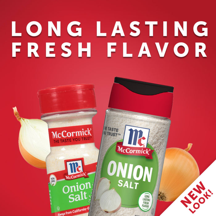 Two McCormick Onion Salt containers with a red background and onions.