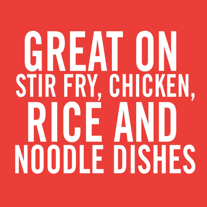 White text on a red background reads Great on stir fry, chicken, rice and noodle dishes.
