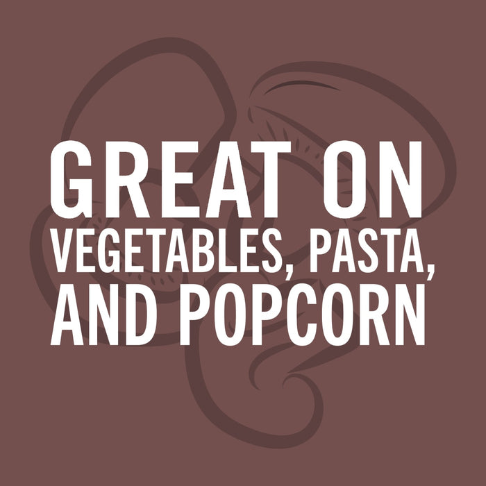 White text on a brown background says Great on vegetables, pasta, and popcorn.
