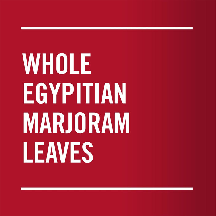 White text on a red background reads WHOLE EGYPTIAN MARJORAM LEAVES