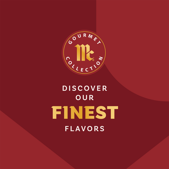 This promotional graphic from the Mccormick Gourmet Core Tiles collection features the Gourmet Collection logo and the text Discover Our Finest Flavors on a rich red background.