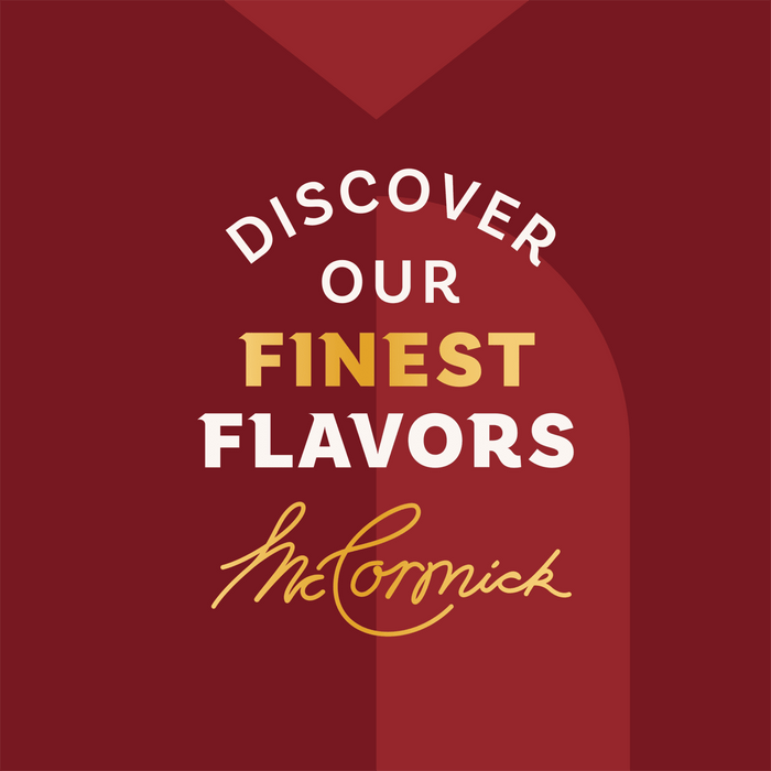 A graphic illustration for Mccormick Gourmet Core Tiles features the text Discover Our Finest Flavors in white and gold font above the script McCormick logo, all set against a geometric, deep red background.