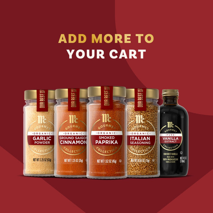 A promotional image of Mccormick Gourmet Core Tiles displays a variety of McCormick Gourmet spices and an extract against a red background, encouraging customers to ADD MORE TO YOUR CART.
