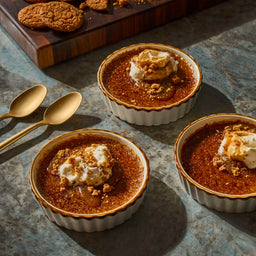Three ramekins of Biscoff creme brûlée are displayed with golden spoons and Biscoff cookies, highlighting a delicious dessert option.