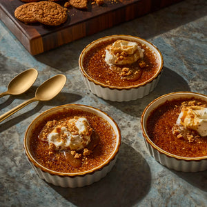Three ramekins of Biscoff creme brûlée are displayed with golden spoons and Biscoff cookies, highlighting a delicious dessert option.
