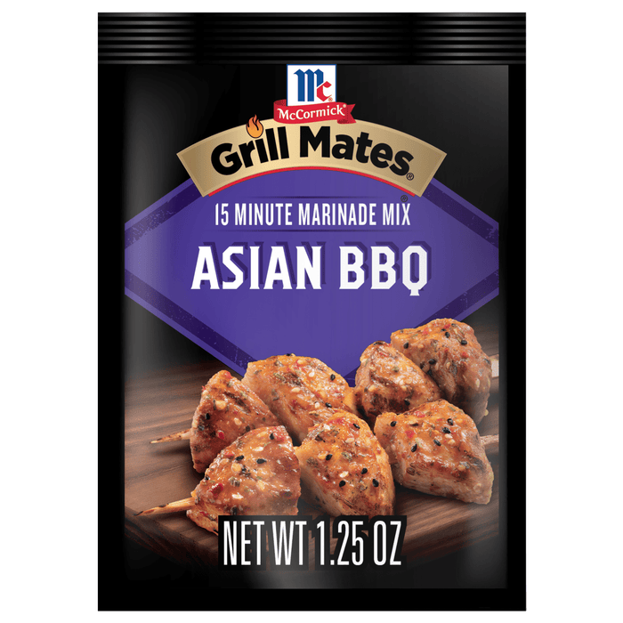 This is a package of McCormick Grill Mates 15 Minute Marinade Mix in Asian BBQ flavor.