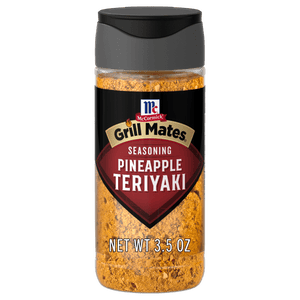 A bottle of McCormick Grill Mates Pineapple Teriyaki seasoning.