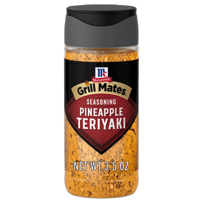 A bottle of McCormick Grill Mates Pineapple Teriyaki seasoning.