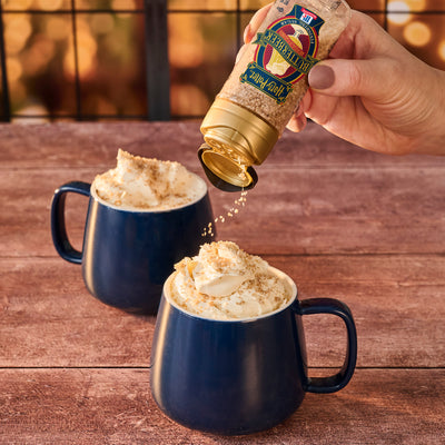 sprinkling butterbeer sugar on coffee