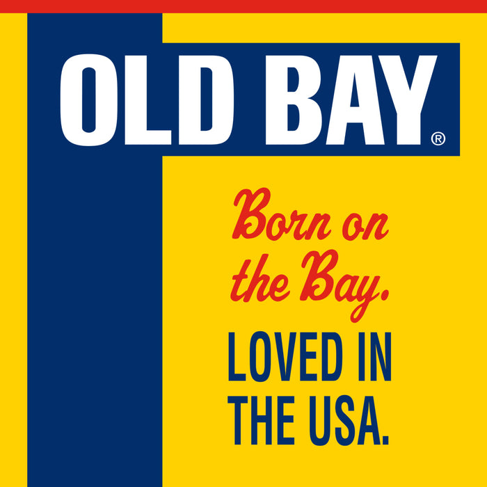 The Old Bay logo features the brand name in white on a blue rectangle, with the tagline Born on the Bay. Loved in the USA. in red and blue on a yellow background.