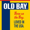 The Old Bay logo features the brand name in white on a blue rectangle, with the tagline Born on the Bay. Loved in the USA. in red and blue on a yellow background.