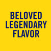 The text BELOVED LEGENDARY FLAVOR in blue on a yellow background.