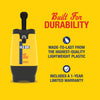 The image promotes the durability of a product, highlighting that it's made from high-quality, lightweight plastic and includes a 1-year limited warranty.