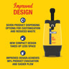 The image showcases the improved design of a product, highlighting its seven dispensing options, compact size, and efficient product evacuation.
