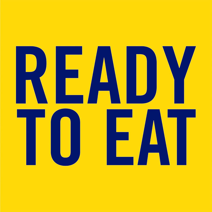 A blue text on a yellow background that says Ready to Eat.